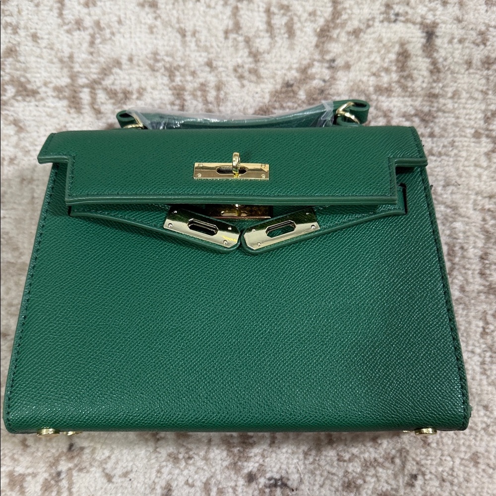 Green Leather Satchel with Gold Hardware